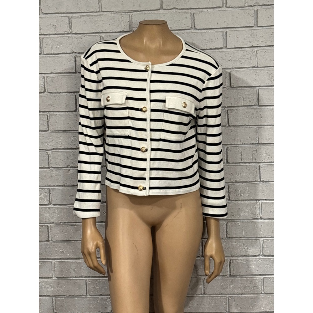 LOFT Women's Striped Knit Cardigan Gold Button Front Black White Size L - Picture 6 of 7